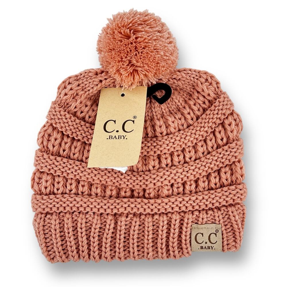 C.C. Baby Indie Pink Solid Knit Pom Knit Sweater Beanie Cap Hat Infant Girl